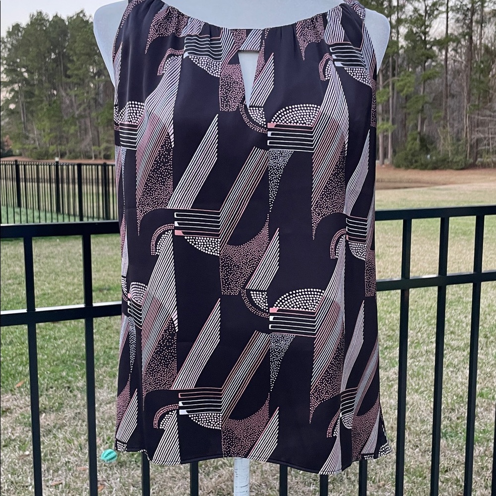 White House Black Market Abstract Black and Pink Blouse